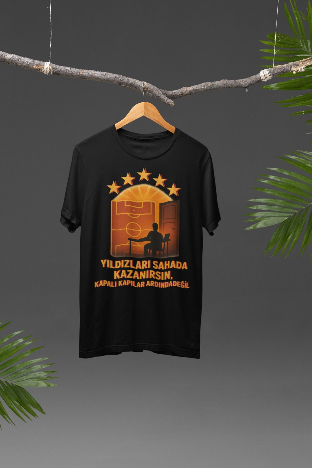 Lyonis Unisex Siyah Yıldızlar Sahada Kazanılır 5 Yıldız Baskılı Bisiklet Yaka Penye T-Shirt