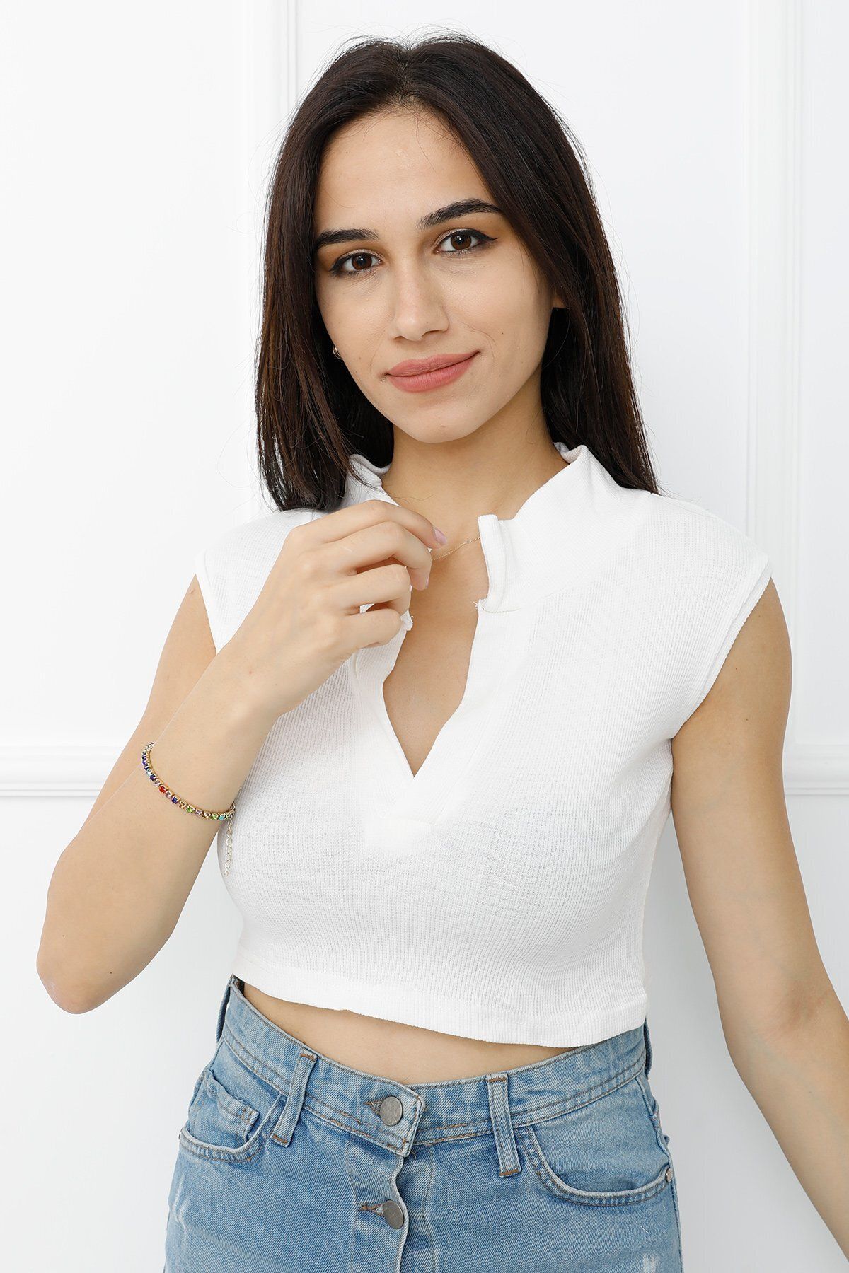 CEDTA Hakim Yaka Dekolteli Crop Bady Ekru - P-020498