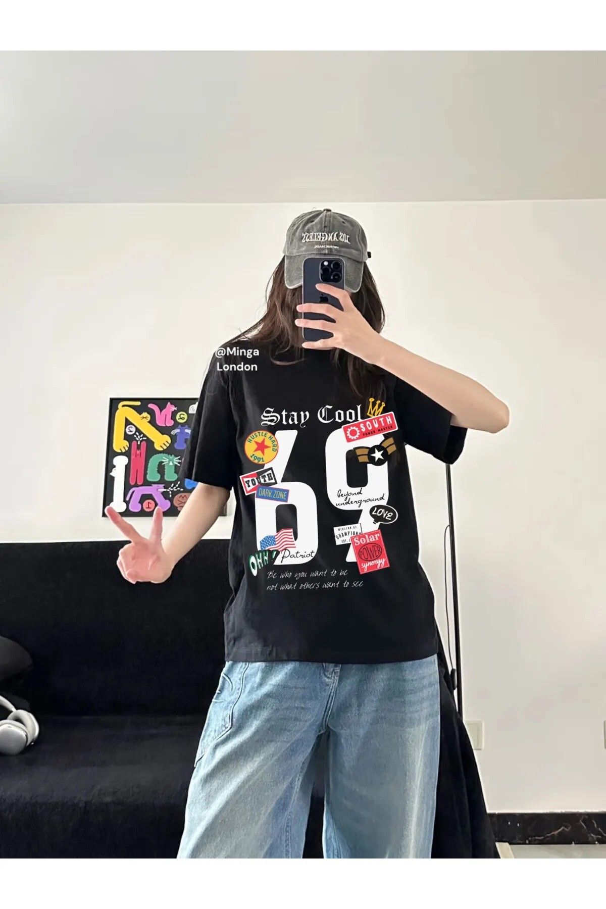 weywot Siyah Stay Cool Vintage Ön Baskılı Oversize Unisex T-shirt