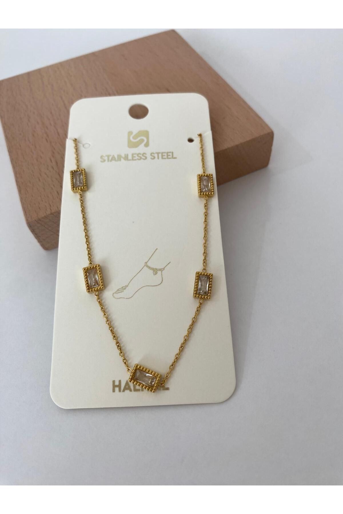 stainless steell Kare 5 Taşlı Çelik Gold Halhal