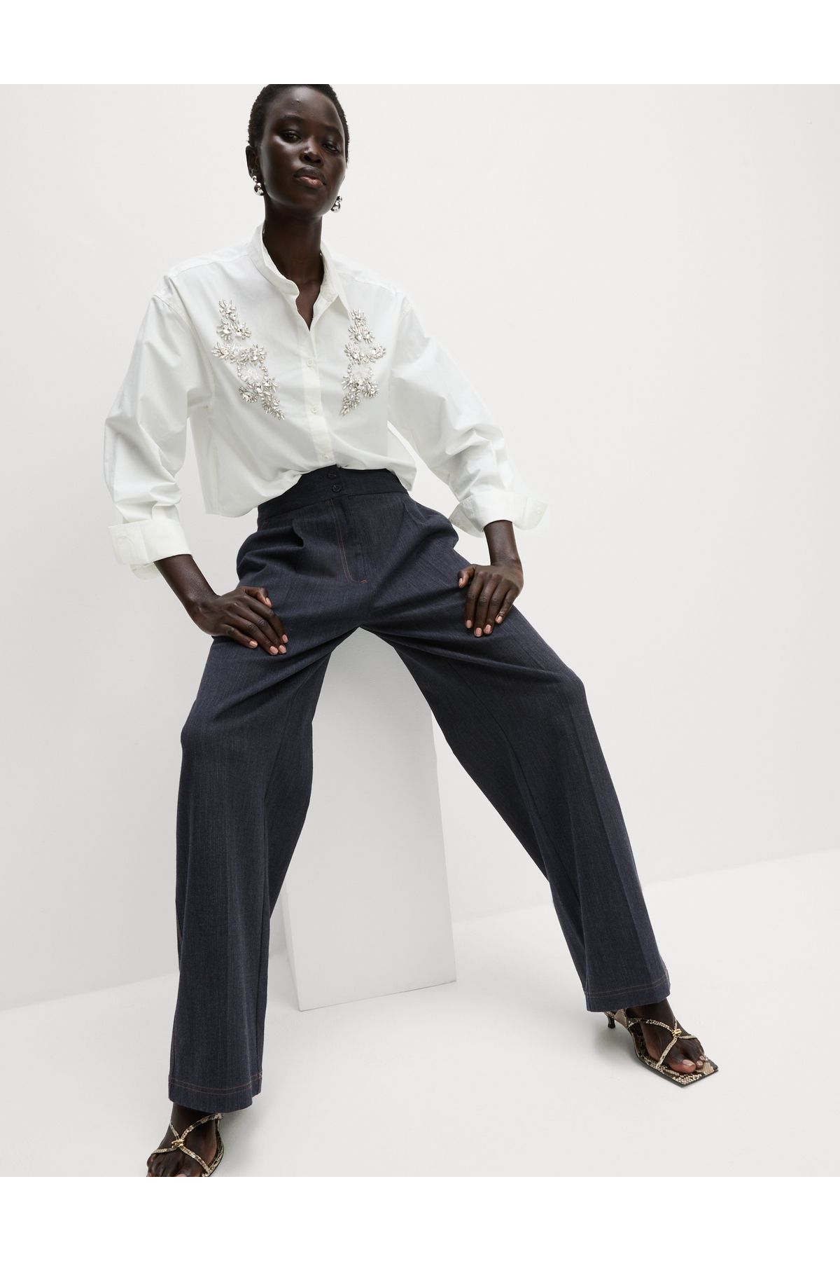 Marks & Spencer Pamuk Karışımlı Denim Görünümlü Wide Leg Pantolon
