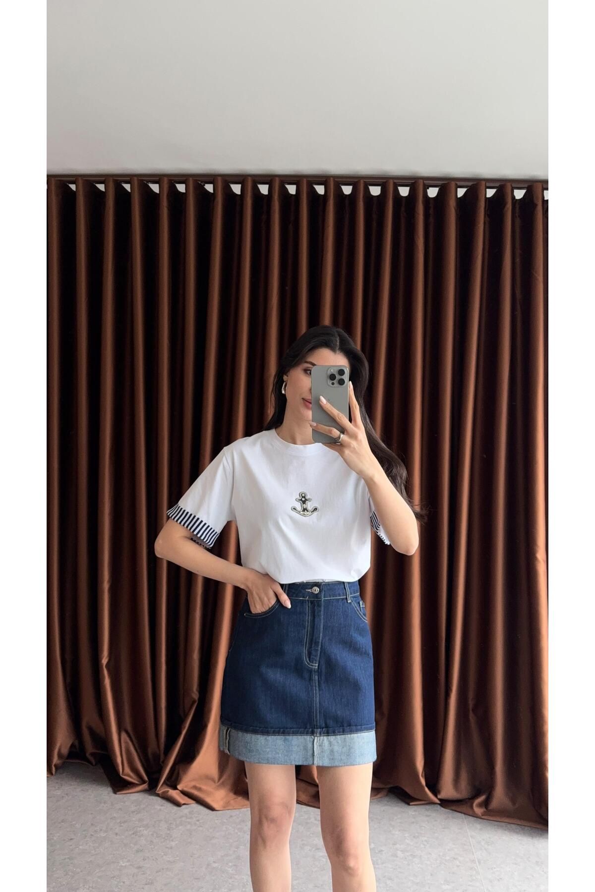 HAZELANNA Lacivert Kol Çizgili Taşlı Tshirt