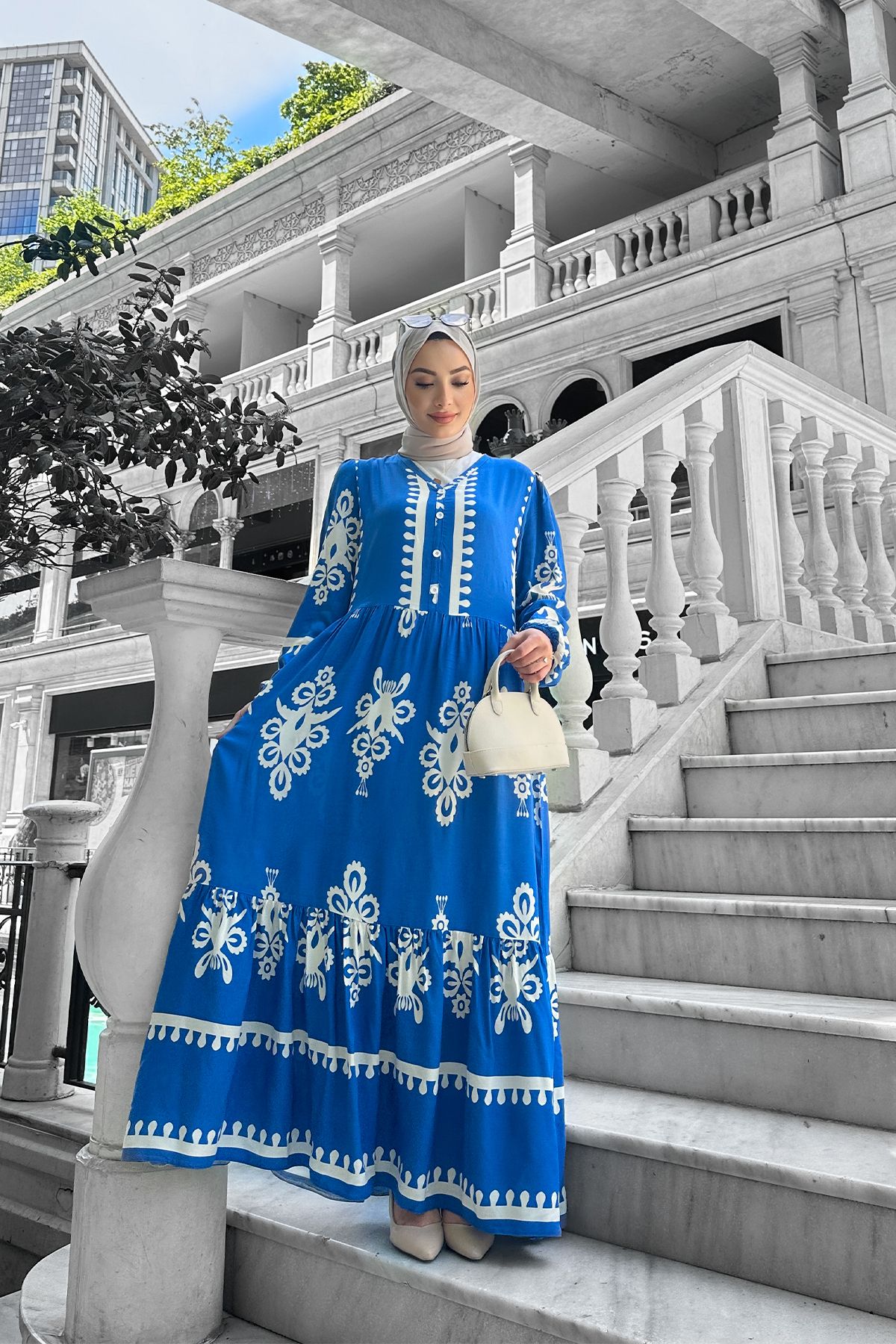 lizbutik Kadın Siyah Beyaz Desenli Viskon Tesettür Elbise