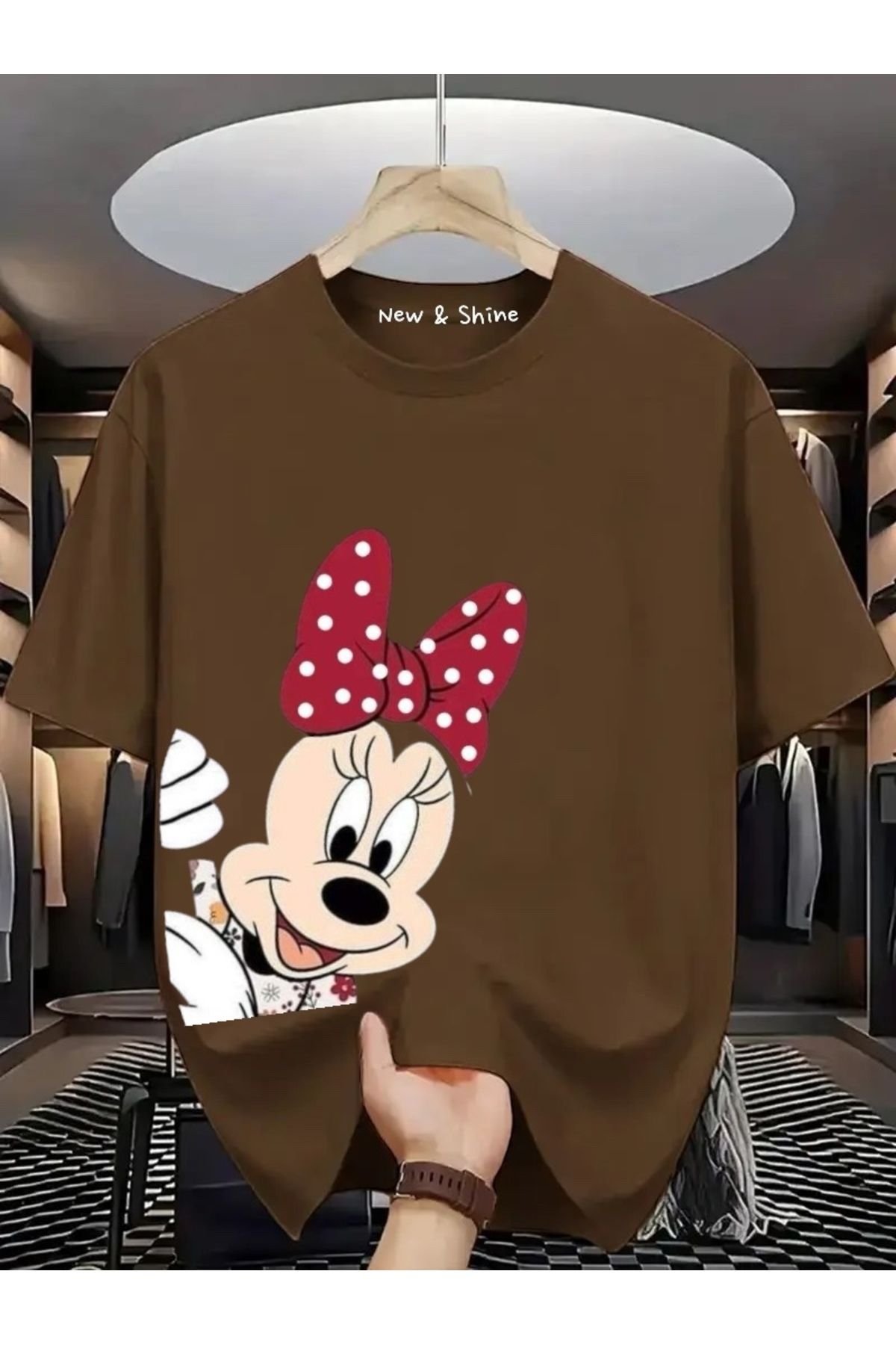 New Shine Minnie Mouse Yanda Baskılı Büyük Beden Oversize T-Shirt