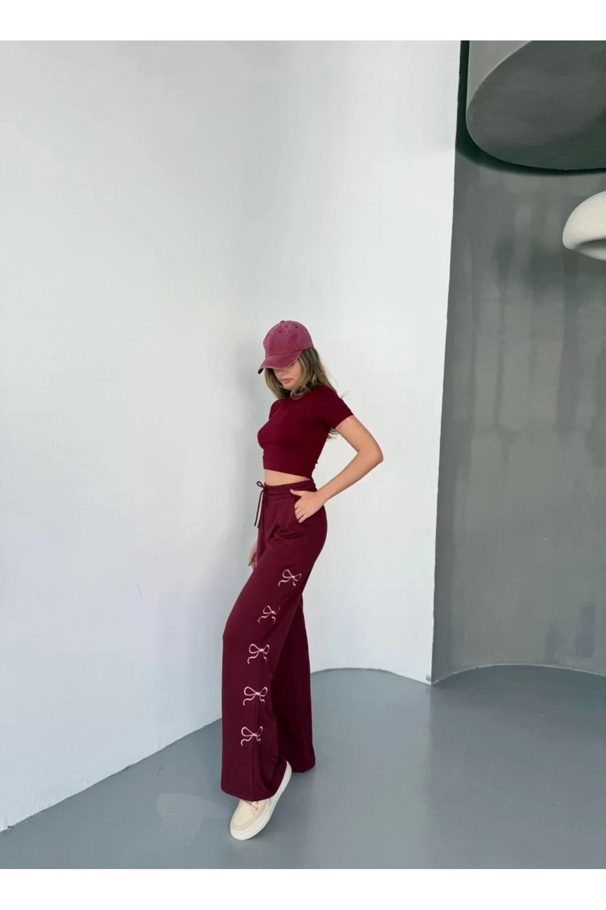 SA Alişveriş Dünyam Osy Modal Yumuşak Dokulu Kumaş Nakış işlemeli Rahat Bol Paça Eşofman Pantalon - Bordo