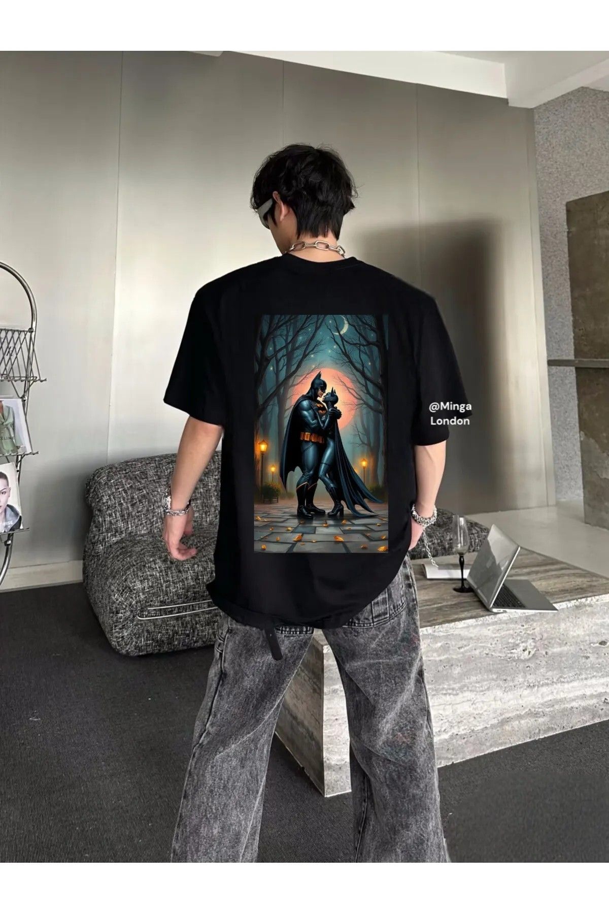 weywot Siyah Batman Sırt Baskılı Oversize Unisex T-shirt