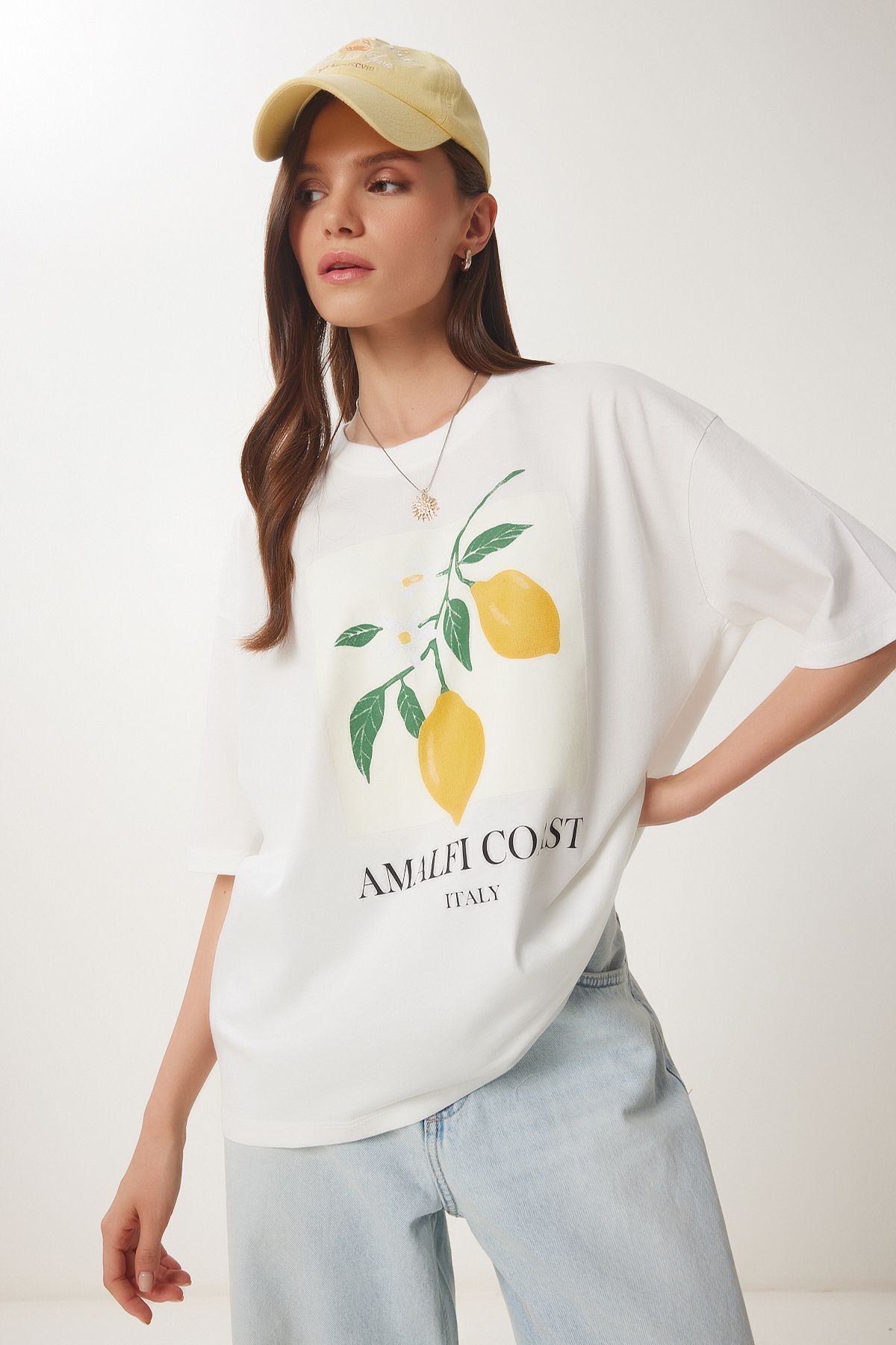 Lovelyİstanbul Limon Baskılı Pamuklu Örme T-shirt BEYAZ LUS0129