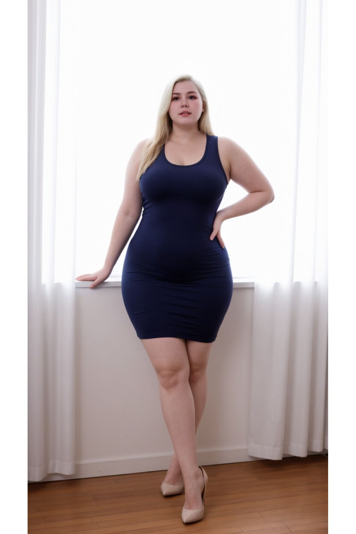 SUHIS Lacivert Büyük Beden Vücuda Oturan Likralı Örme Mini Elbise