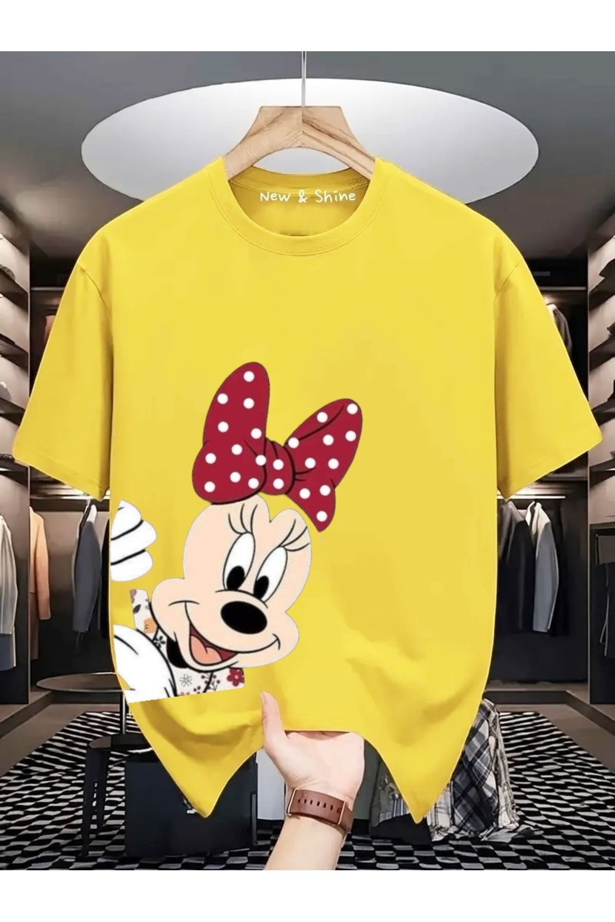 New Shine Minnie Mouse Yanda Baskılı Büyük Beden Oversize T-Shirt