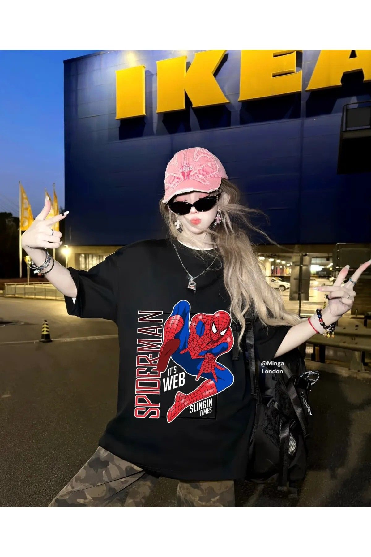 weywot Siyah Spider Ön Baskılı Oversize Unisex T-shirt
