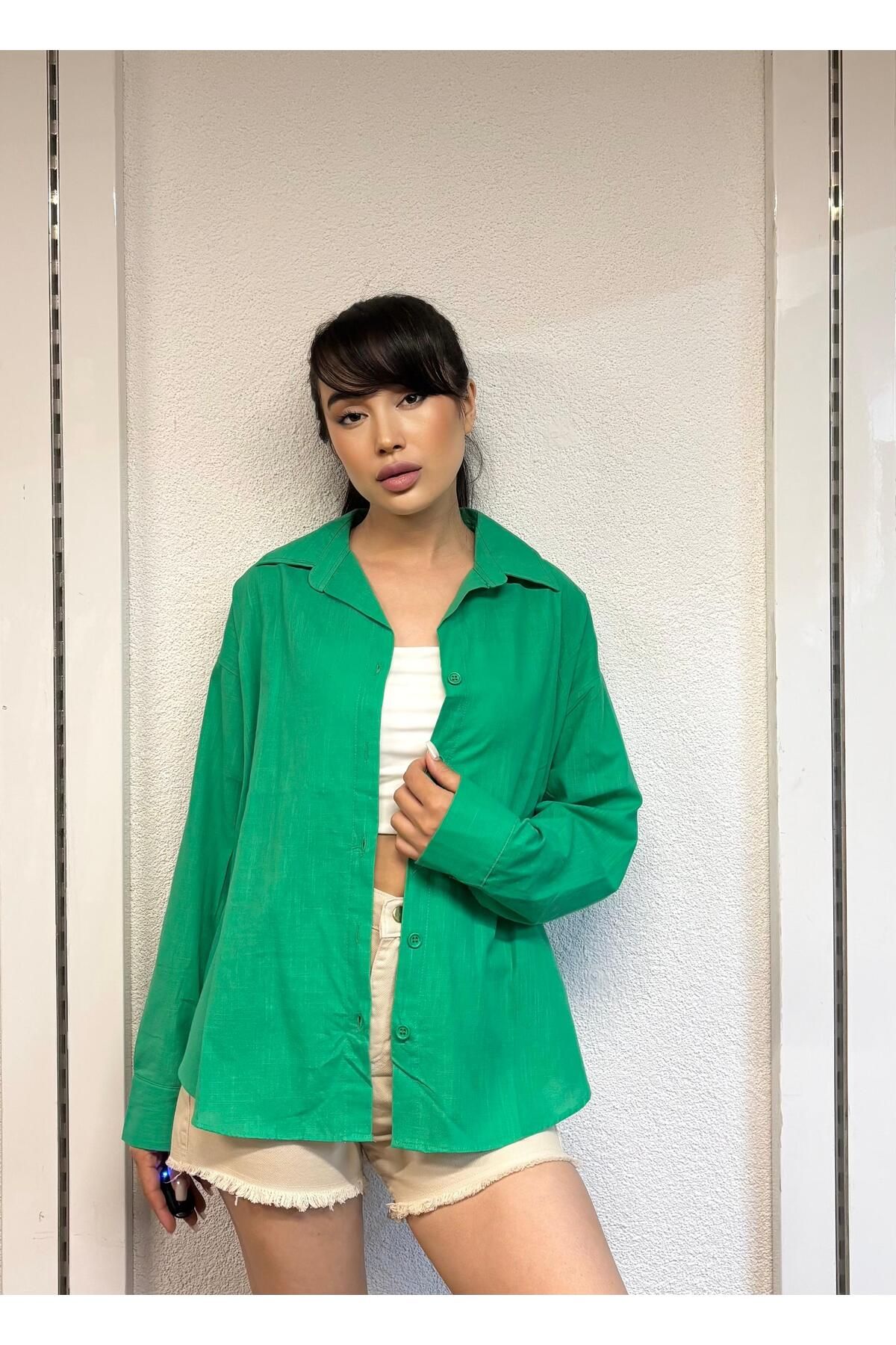İNSUEL Oversize Geniş Kalıp Basic Düz Keten Uzun Kollu Gömlek