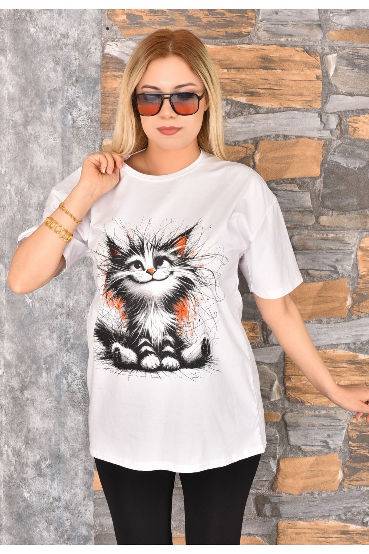 GEZEGENX Kedi Baskılı Oversize Kadın T-Shirt Bisiklet Yaka