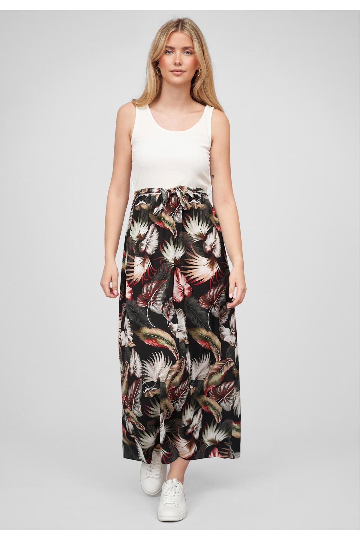 Cloud5ive-Damen Tank Top Maxi Kleid 2-tone Mit Bindegürtel Tropical Print 8