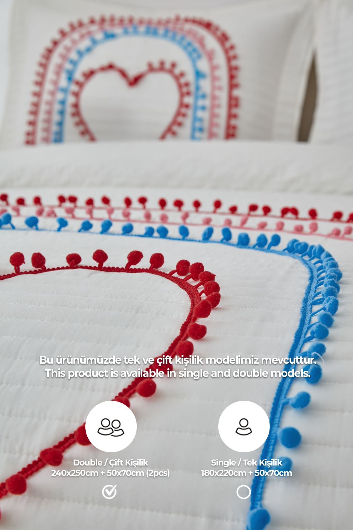 Evlen Home Collection-100% Cotton Double Bedspread with Colorful Pompom Heart Motif (Pike) Set 3