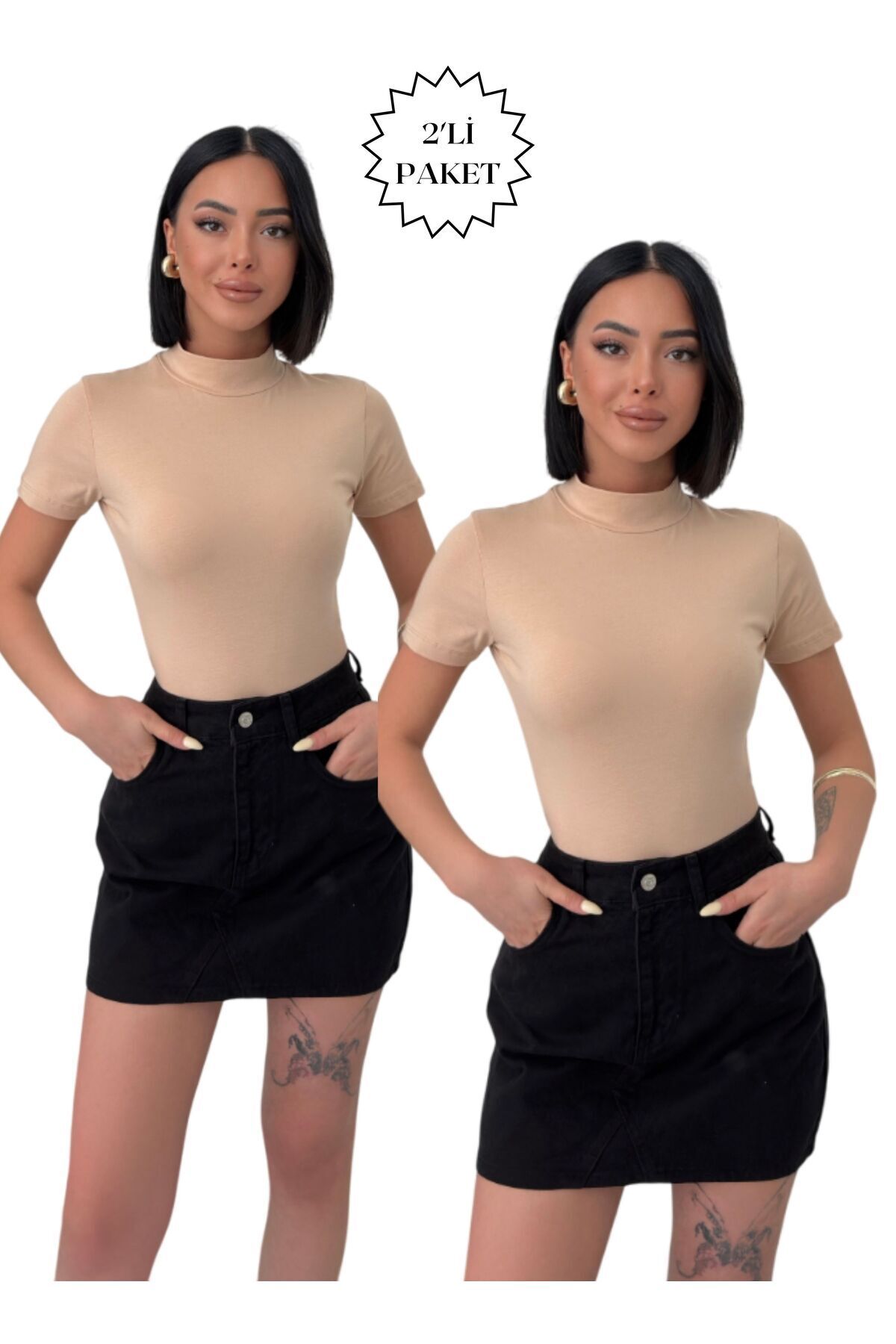 Lunamiratto Balıkçı Kısa Kol Pamuklu Body Bej-Bej Yarım Balıkçı Body Boğazlı Tişört T-shirt