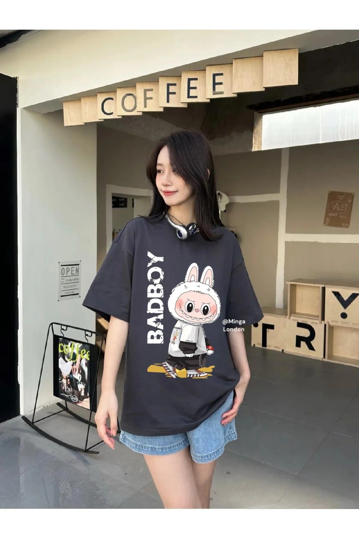 weywot Füme Badboy Labubu Ön Baskılı Oversize Unisex T-shirt