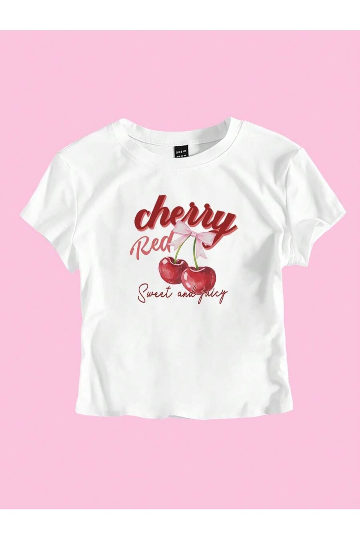 PALPİTO  Kadın Beyaz Sweet Cherry Baskılı Bisiklet Yaka Dar Crop Tshirt - Görsel 2