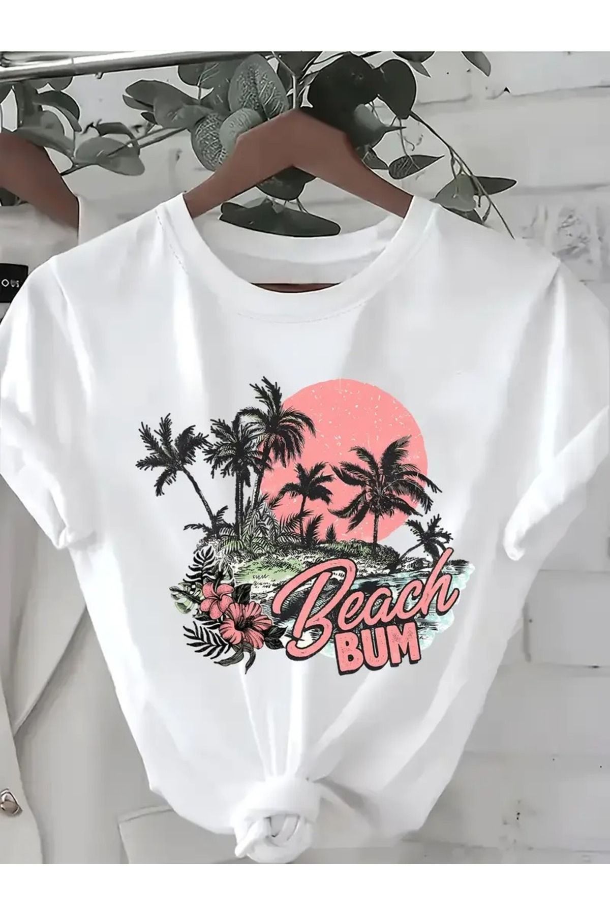 aynewmoda Kadın Vintage Tropikal Gün Batımı Palmiye Baskılı Tişört, Rahat Kesim Mürettebat Yaka Yaz Stili,