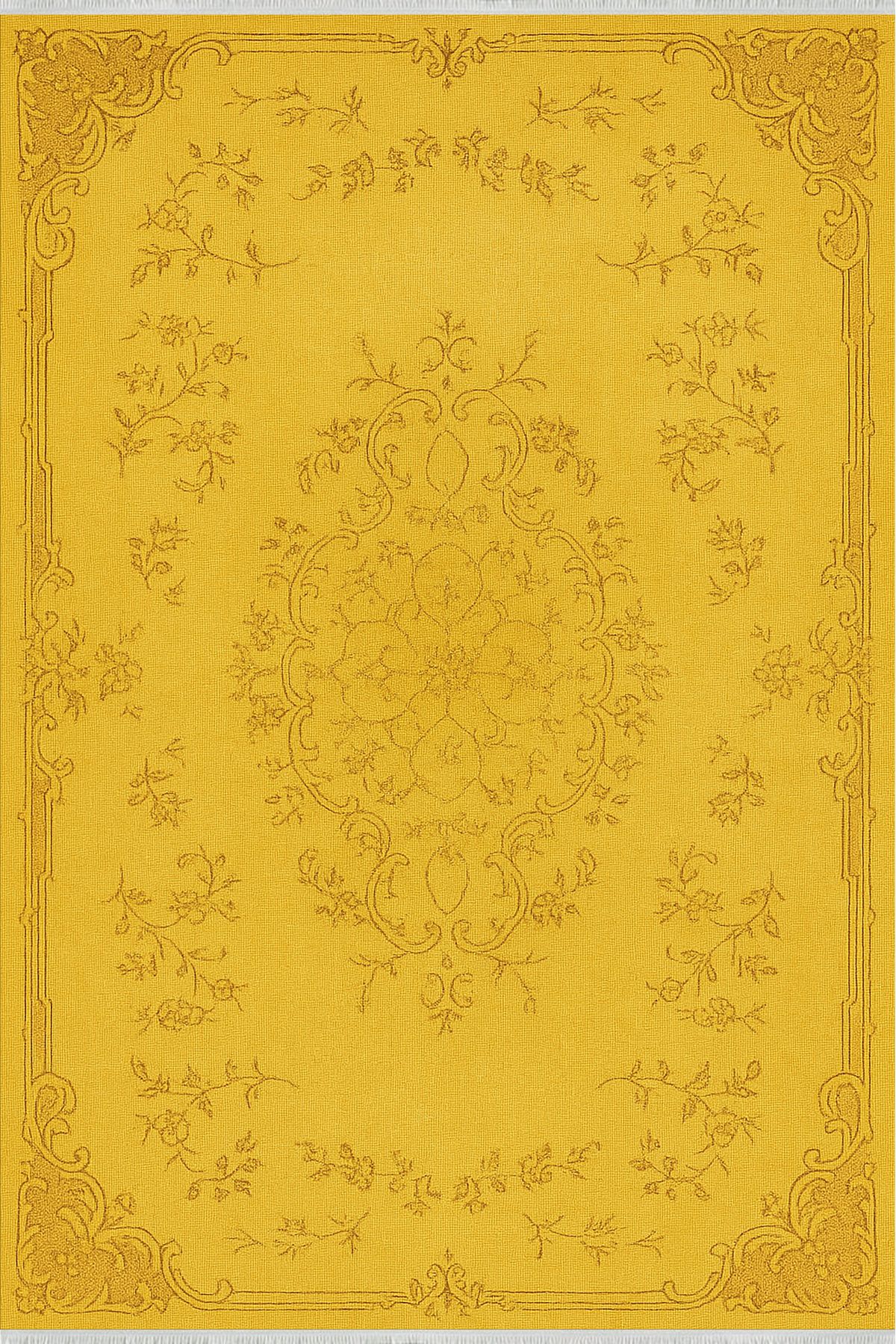 TNYLOF Sarı Klasik Desenli Halı – Işıltılı Vintage Şıklık | Kaymaz Taban, Yıkanabilir, Evcil Dostu
