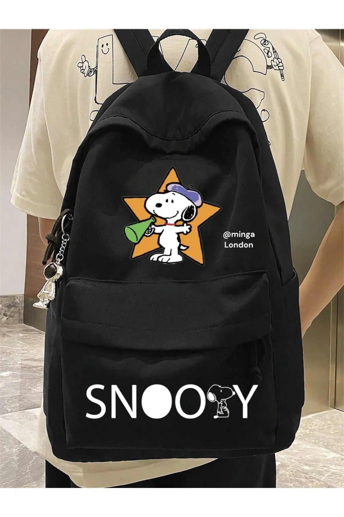 weywot Siyah Snoopy Star Baskılı Okul, Dershane, Kurs Baskılı Sırt Çantası