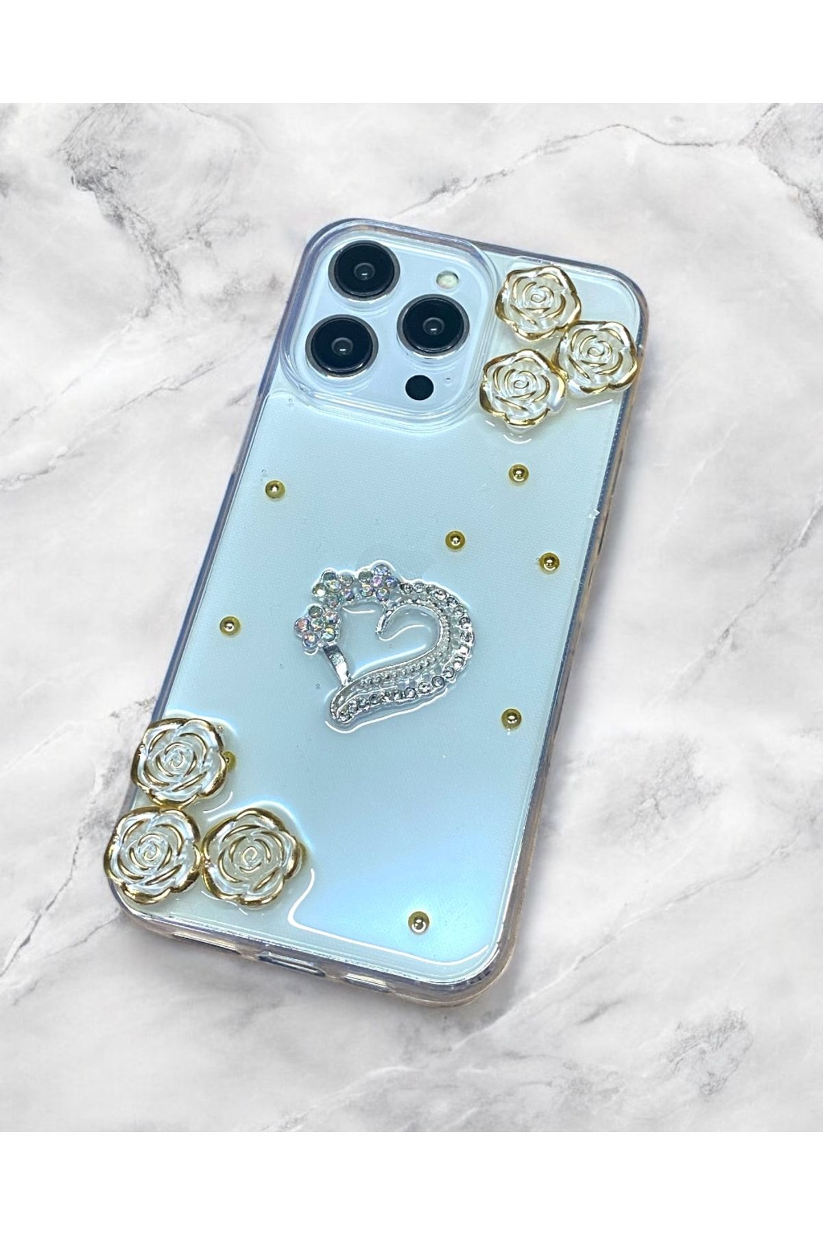 KILIF HOUSE Iphone 16 Pro Uyumlu Şeffaf Gold Simli Daisy Kılıf