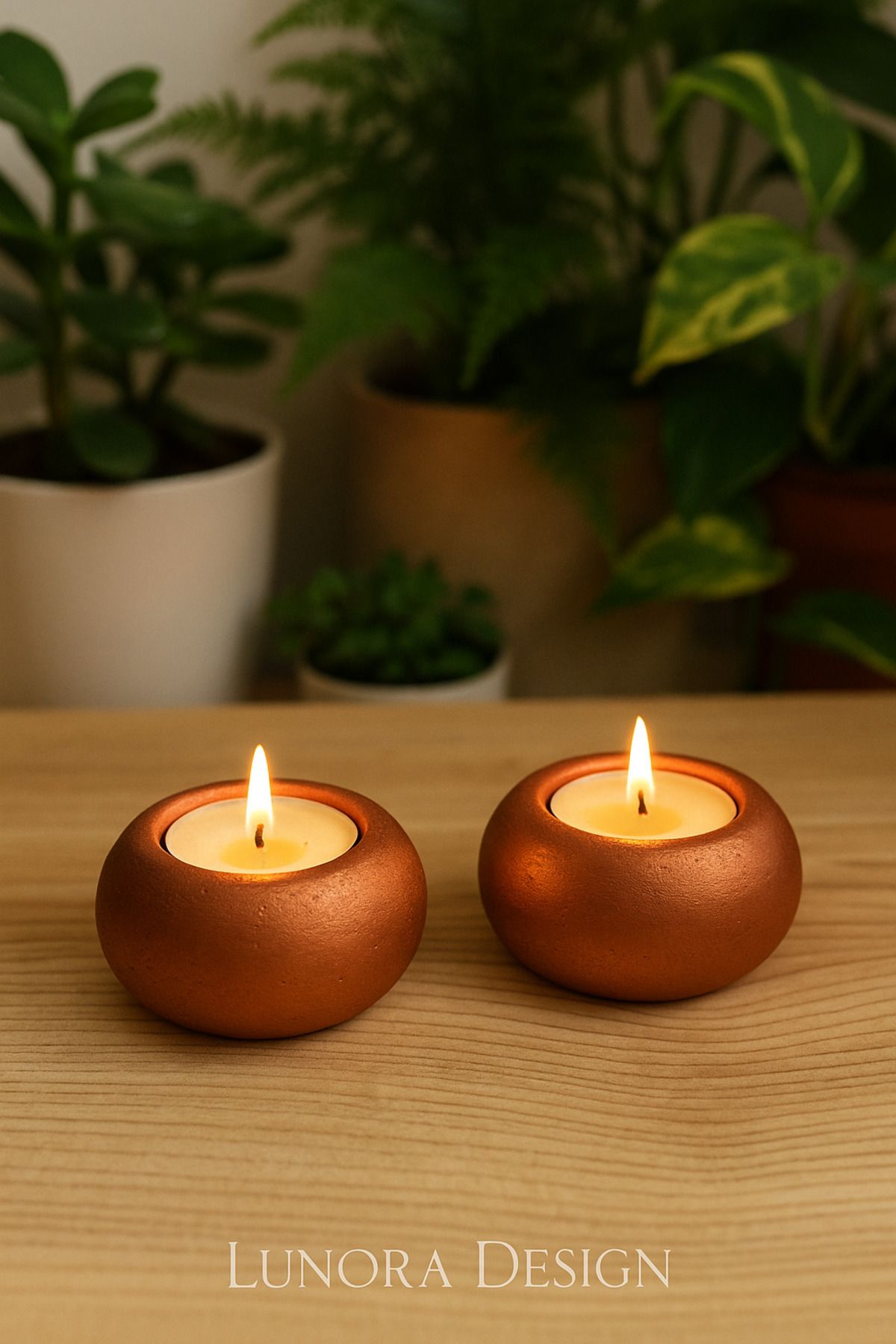 Lunora Design 2’li Bakır Renk Yuvarlak Tealight Mumluk – El Yapımı Dekoratif Set