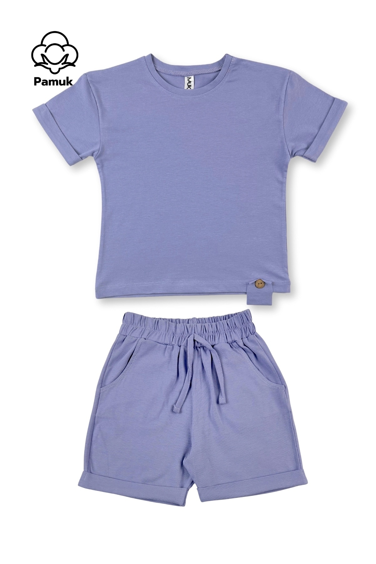 difa kids-Set of Three Wooden Button Design Summer Powder Lilac Black Girl Boy Unisex Bottom Top Set 3