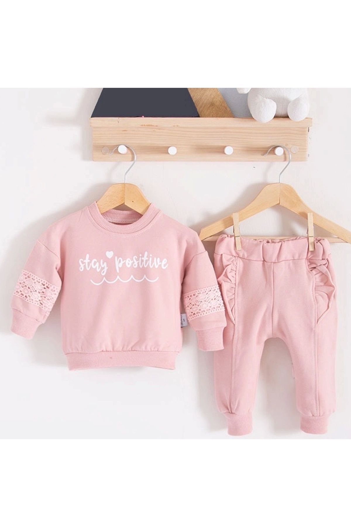 BYB MODA TASARIM Stay Pozitive Dantelli 2'li Pamuk Kız Bebek Takım