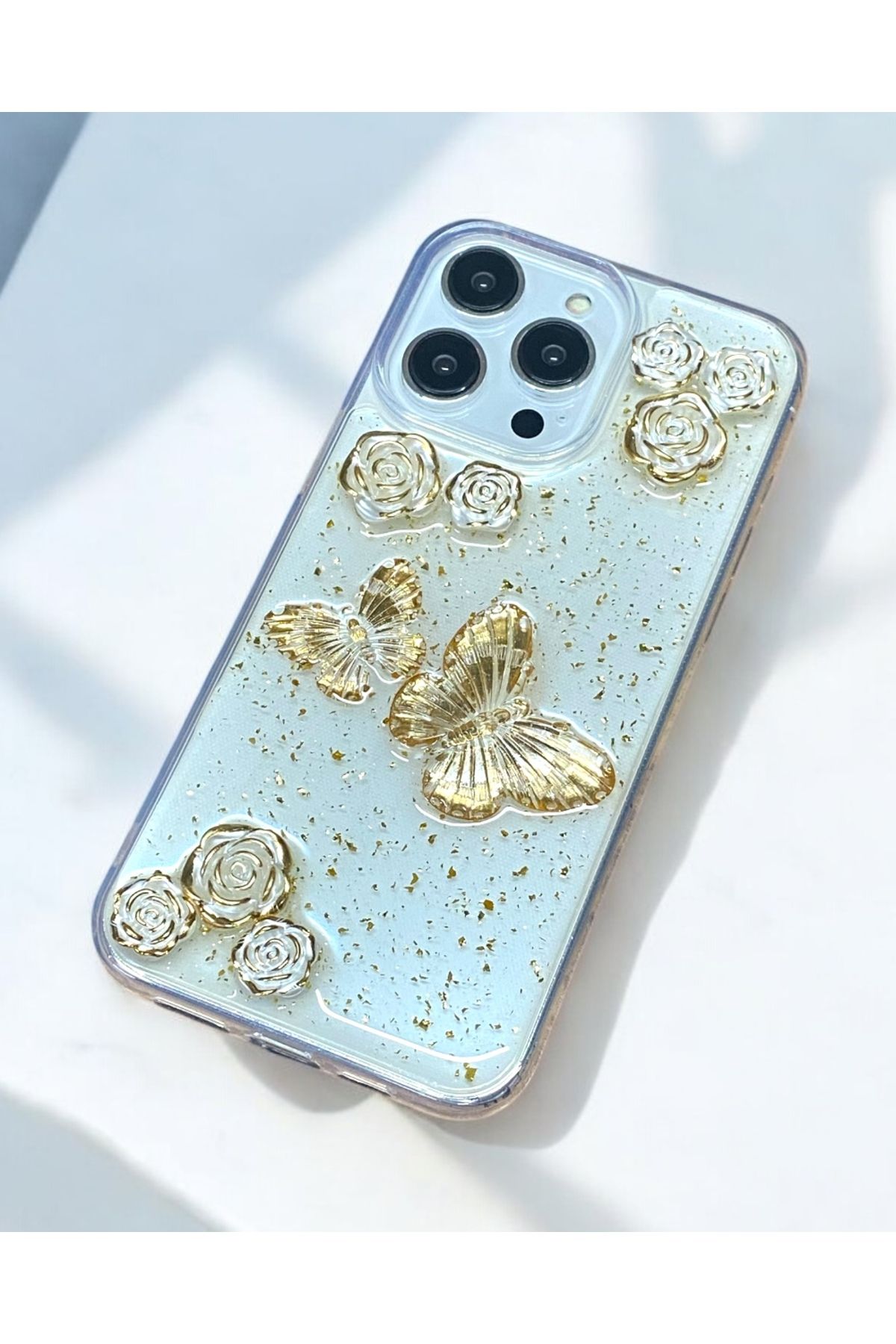 KILIF HOUSE Iphone 16 Plus Uyumlu Şeffaf Gold Simli Daisy Kılıf