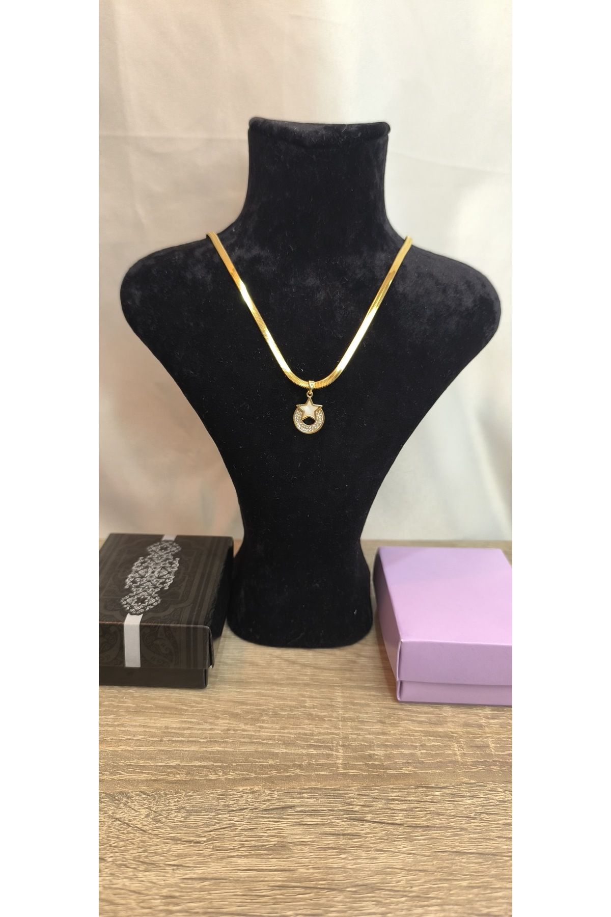 Zirconium Gold İtalyan zincirli zirkon taşlı hilal yıldız desenli paslanmaz Çelik takı