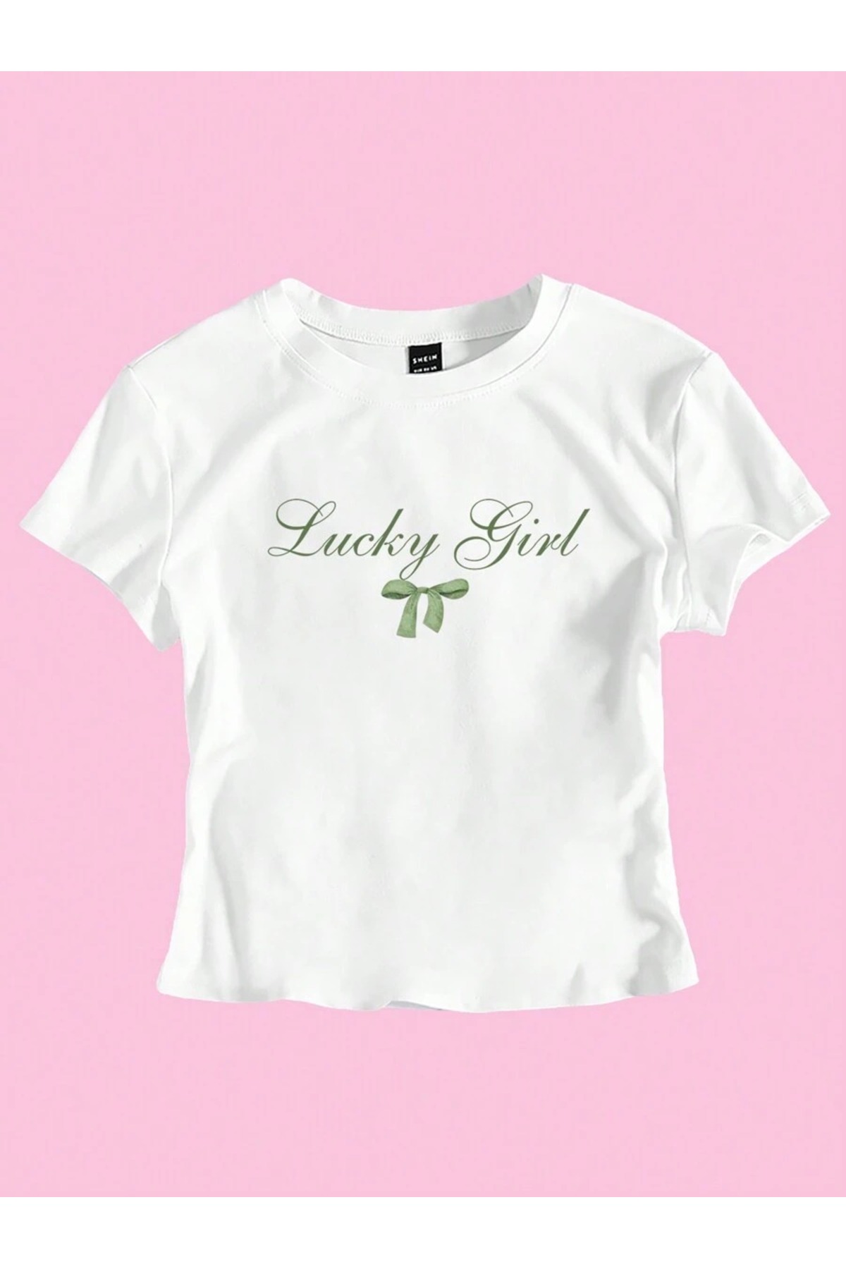 PALPİTO  Kadın Beyaz Lucky Girl Baskılı Bisiklet Yaka Dar Crop Tshirt - Görsel 2