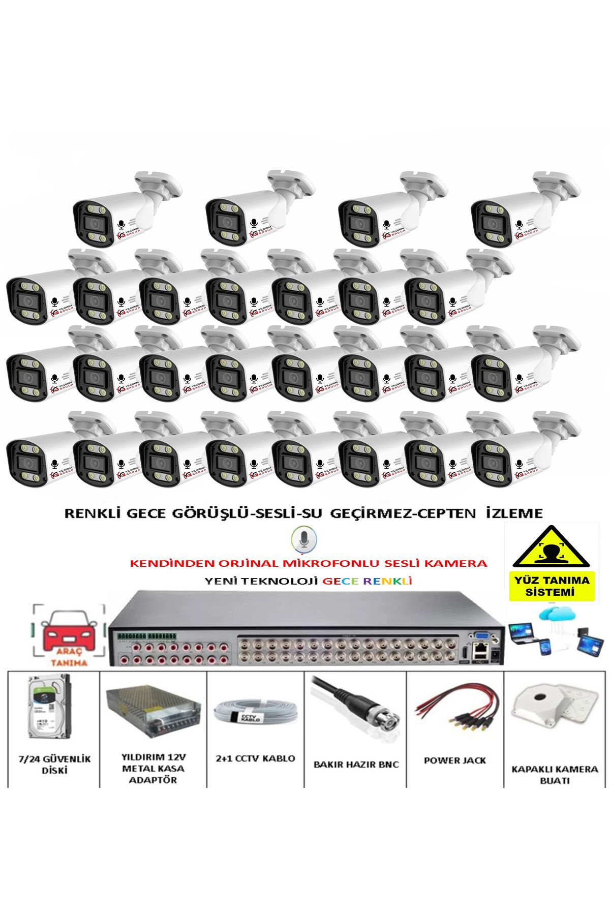 YILDIRIMGROUP 27 Lİ SESLİ GÜVENLİK KAMERASI 5 MP GECE RENKLİ YÜZ VE ARAÇ TANIMALI FULL HD KAMERA SİSTEMİ