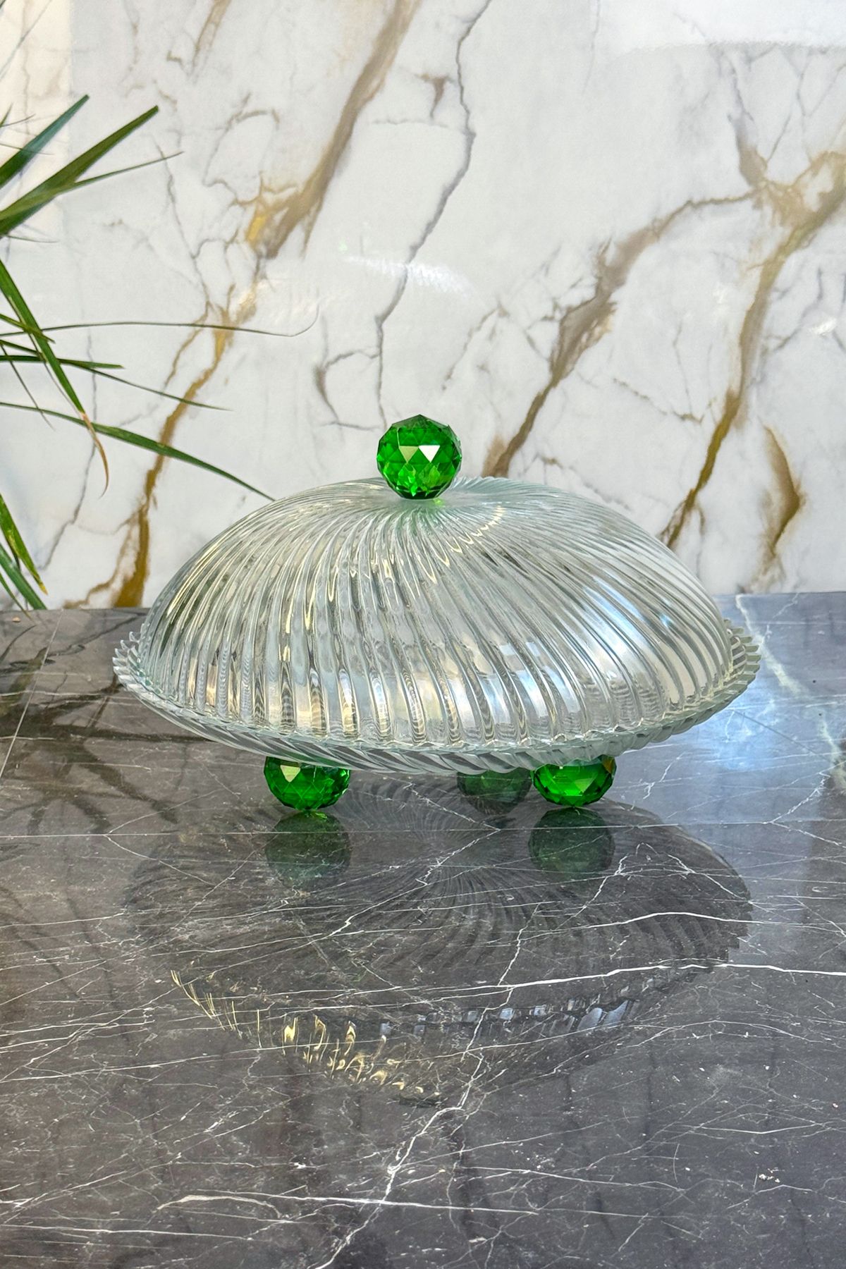 MAY HOME Yeşil Kristal Ayaklı Kek Fanus Tabağı & Cam Kek Pasta Yemek Sunumluğu