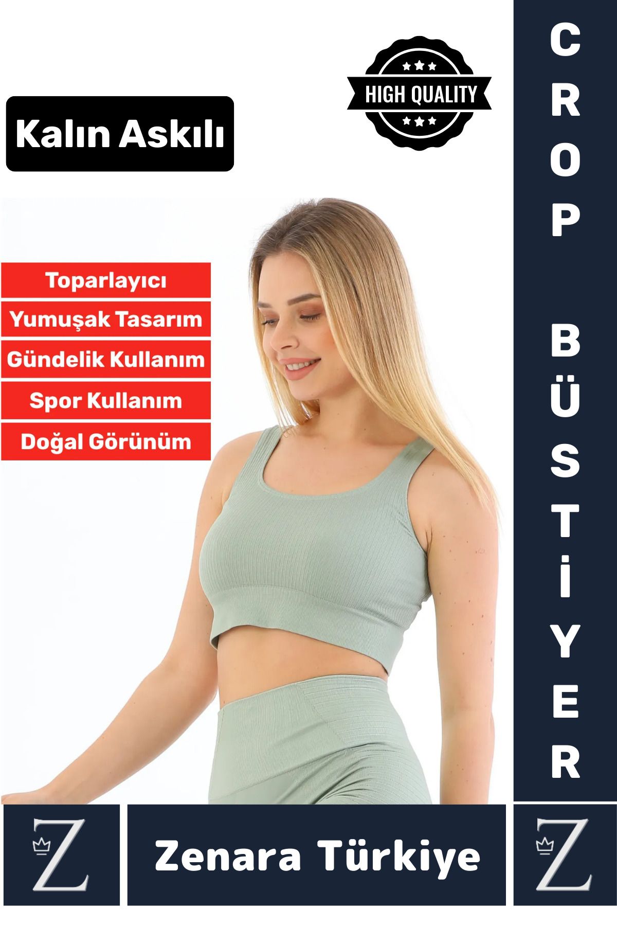 Zenara Yüksek Kaliteli Göğüs Toparlayan Sarkma Önleyen Gündelik Spor Kullanım Kalın Askılı Crop Büstiyer