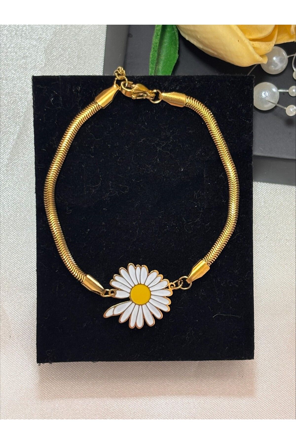 İZMİR.ACCESSORİZE TAKI & BİJUTERİ & AKSESUAR İTALYAN ZİNCİR PAPATYA FİGÜR GOLD ŞIK ÇELİK BİLEKLİK