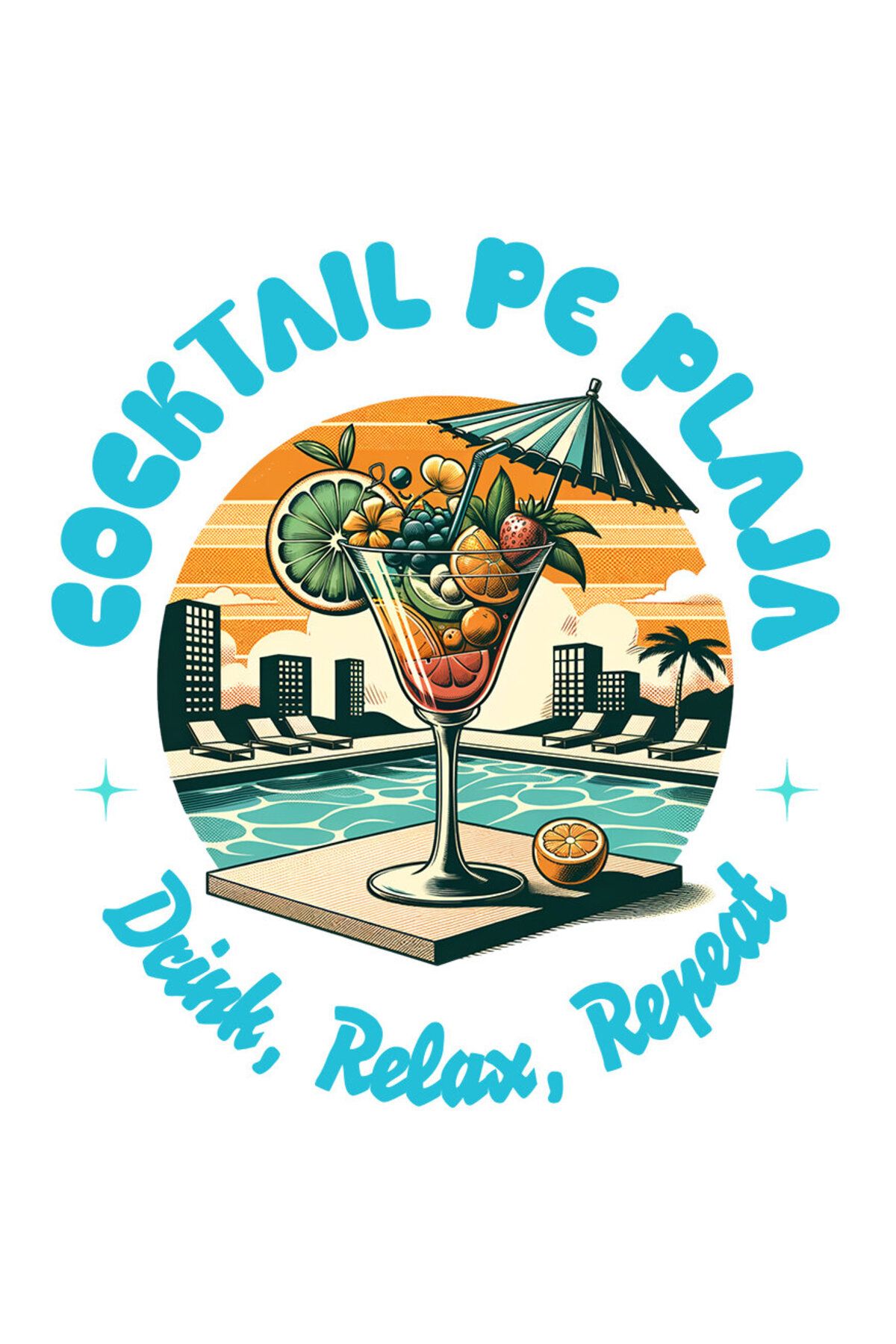 StoryGift Romania Sticker Eticheta 50cm Cu Pahar De Cocktail Elegant Cu Fructe Si Umbrela La Piscina Apus De Soa - One Size