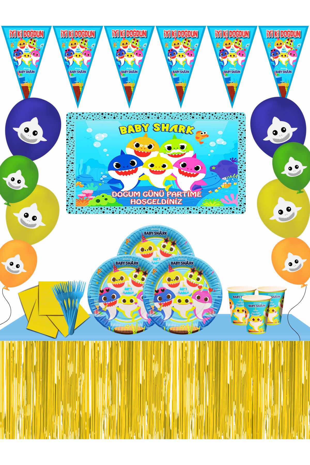 snowparty Baby Shark Afişli Metalize Masa Etekli Doğum Günü Parti Malzemeleri Süsleri Seti