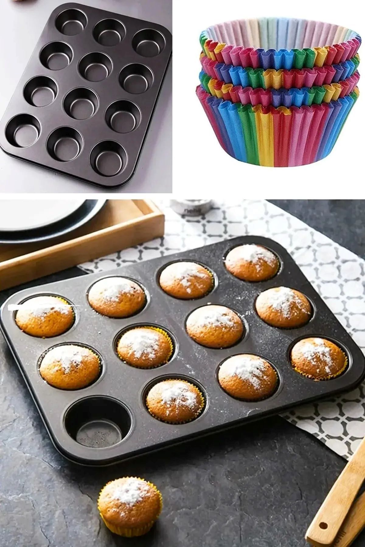 Parland 12'li Paslanmaz Çelik Yapışmaz Teflon Muffın Kalıbı Cupcake Kağıdı Hediyeli