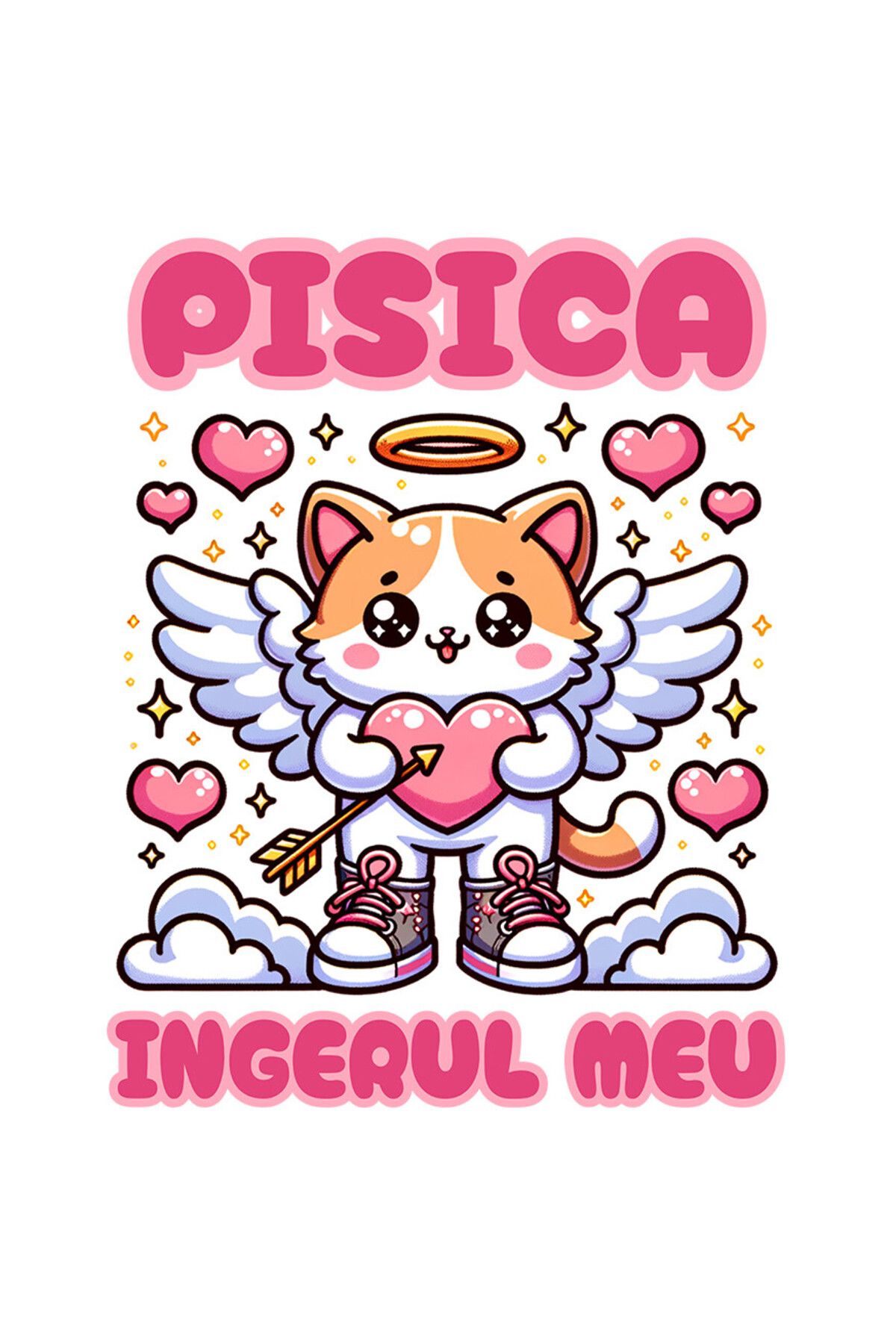 StoryGift Romania-Sticker Label 40CM with Cat With Wings and Heart With Arrow Text Cat My Angel with Border 1