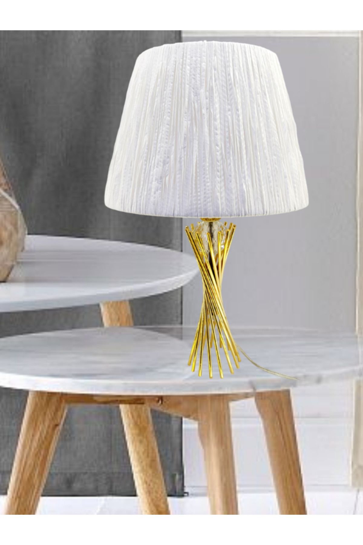 Decodelight Gold Kaplama Burgu Metal Ayaklı Kristal Cam Toplu Makrome ve Kağıt İp Sargı Şapkalı Abajur