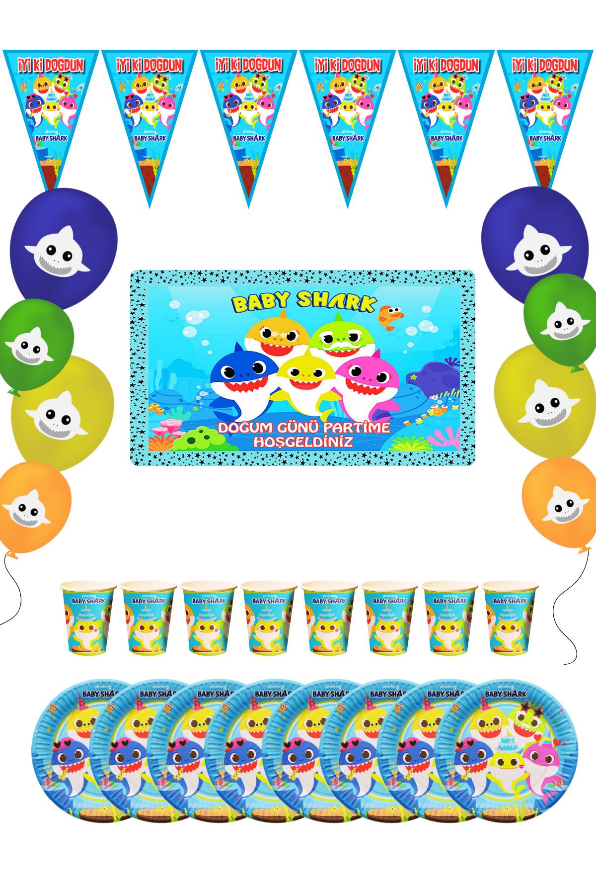 snowparty Baby Shark Bayraklı Ve Afişli Doğum Günü Parti Malzemeleri Süsleri Seti