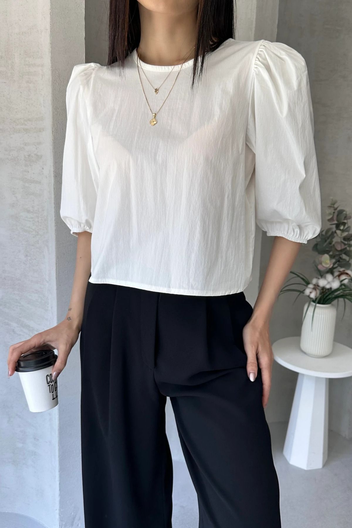 Fav Style Kadın Karpuz Kol Sırtı Bağlamalı Fiyonk Detaylı Poplin Bluz Beyaz