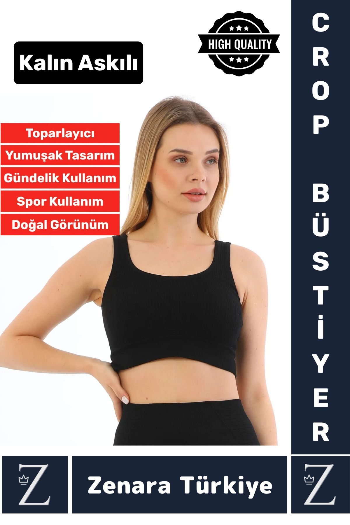 Zenara Yüksek Kaliteli Göğüs Toparlayan Sarkma Önleyen Gündelik Spor Kullanım Kalın Askılı Crop Büstiyer