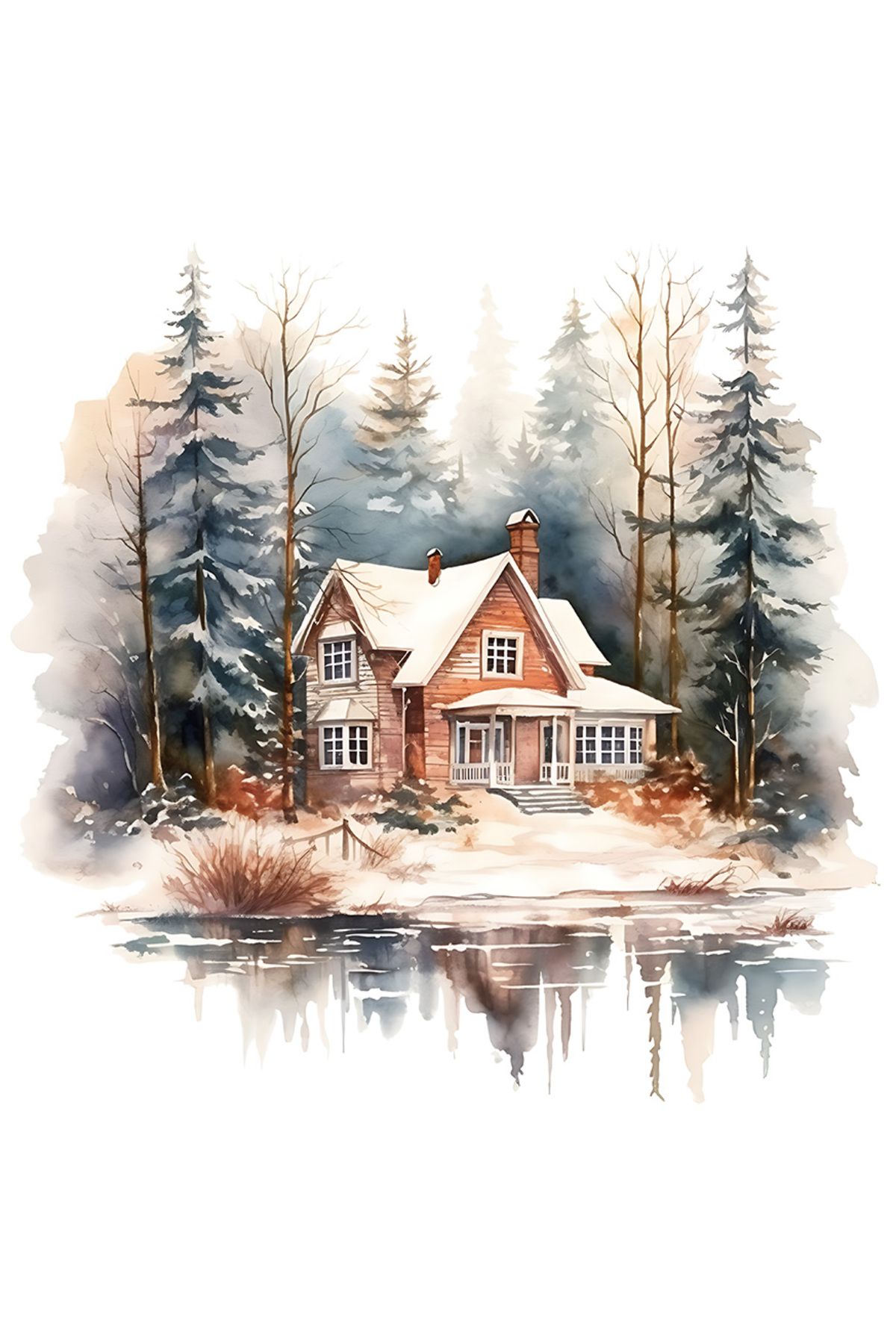 StoryGift Romania Sticker Eticheta 50cm Cu O Casa In Padure, Ilustratie, Lac In Fata Casei, Liniste, Loc Retras, - One Size