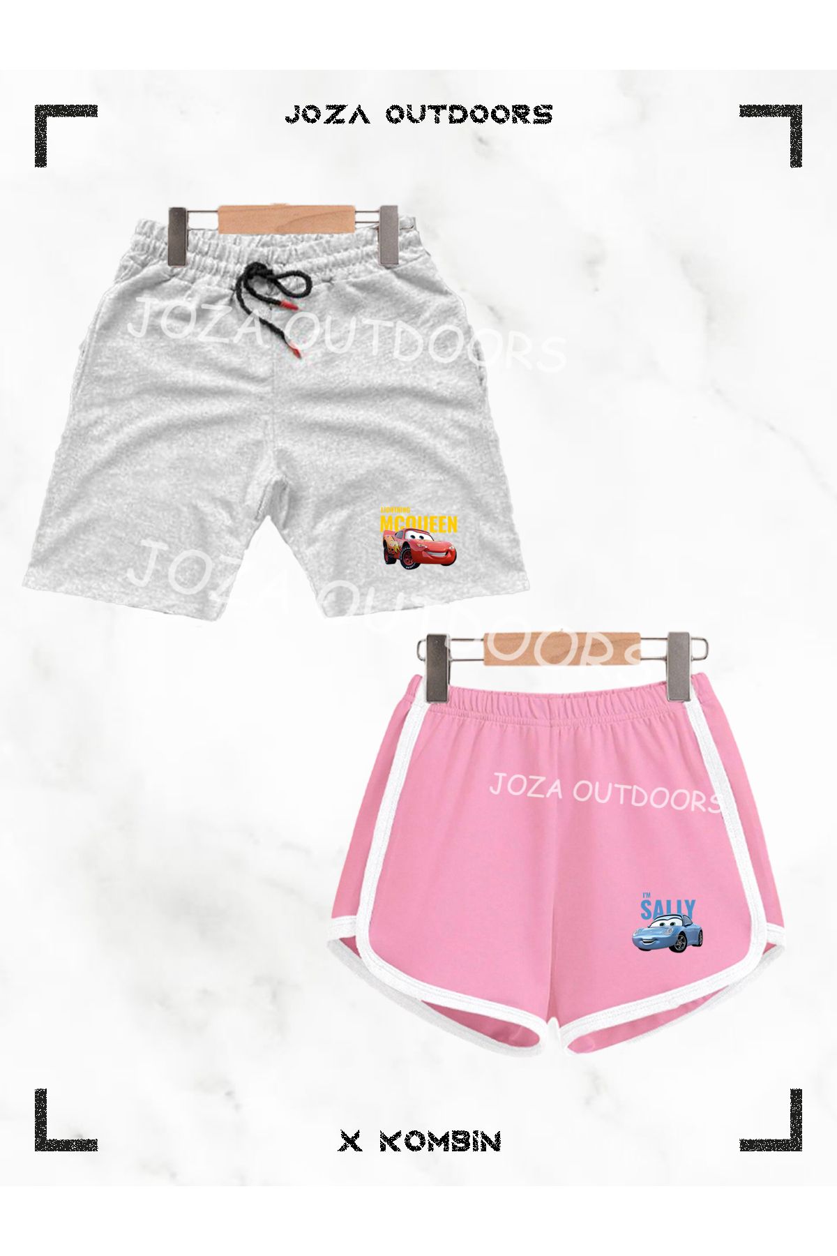 Joza Outdoors Kadın Erkek Unisex Sally & Mcqueen Baskılı Sevgili Çift Kombini Penye Şort ve Biyeli Şort 2li Takım