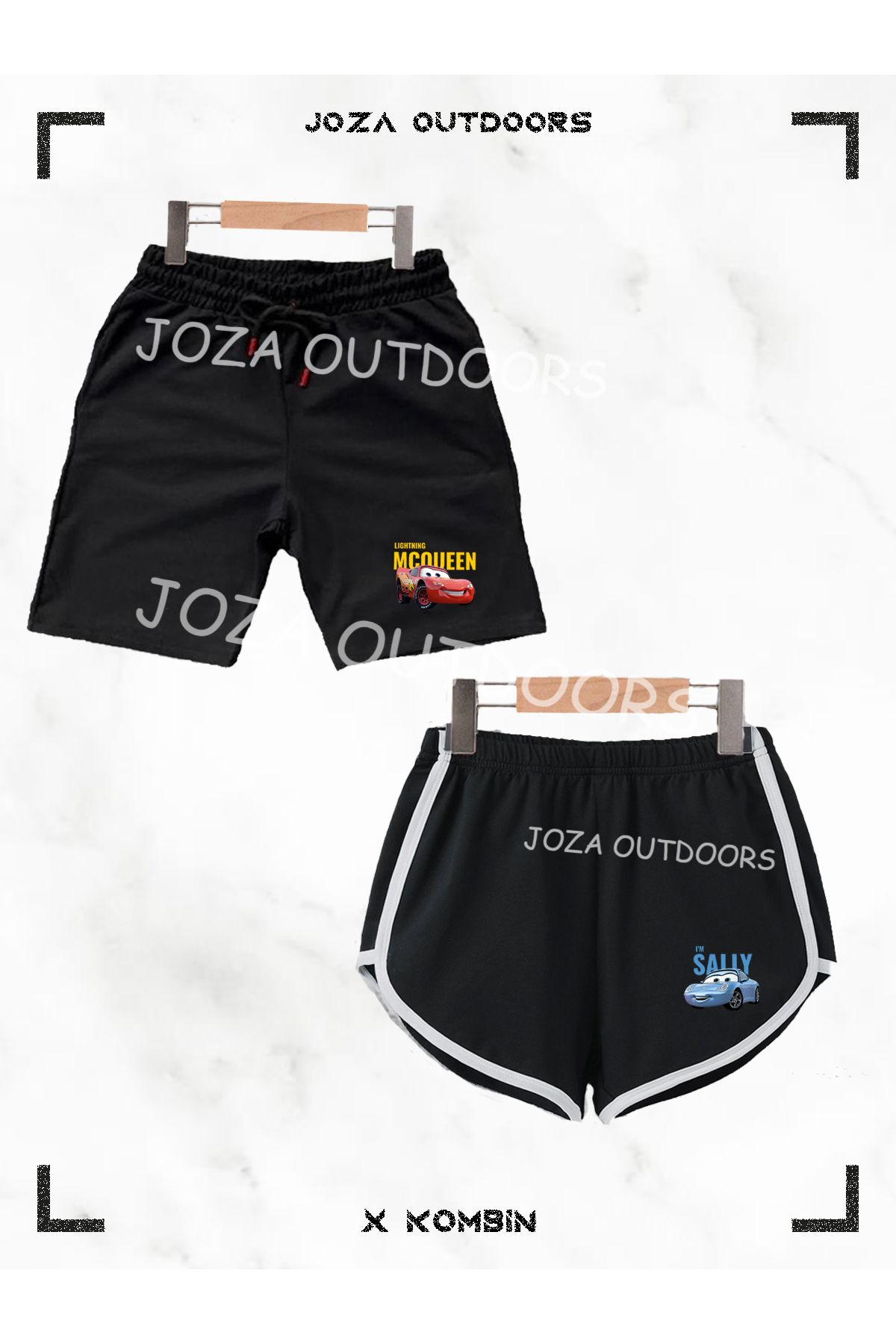 Joza Outdoors Kadın Erkek Unisex Sally & Mcqueen Baskılı Sevgili Çift Kombini Penye Şort ve Biyeli Şort 2li Takım