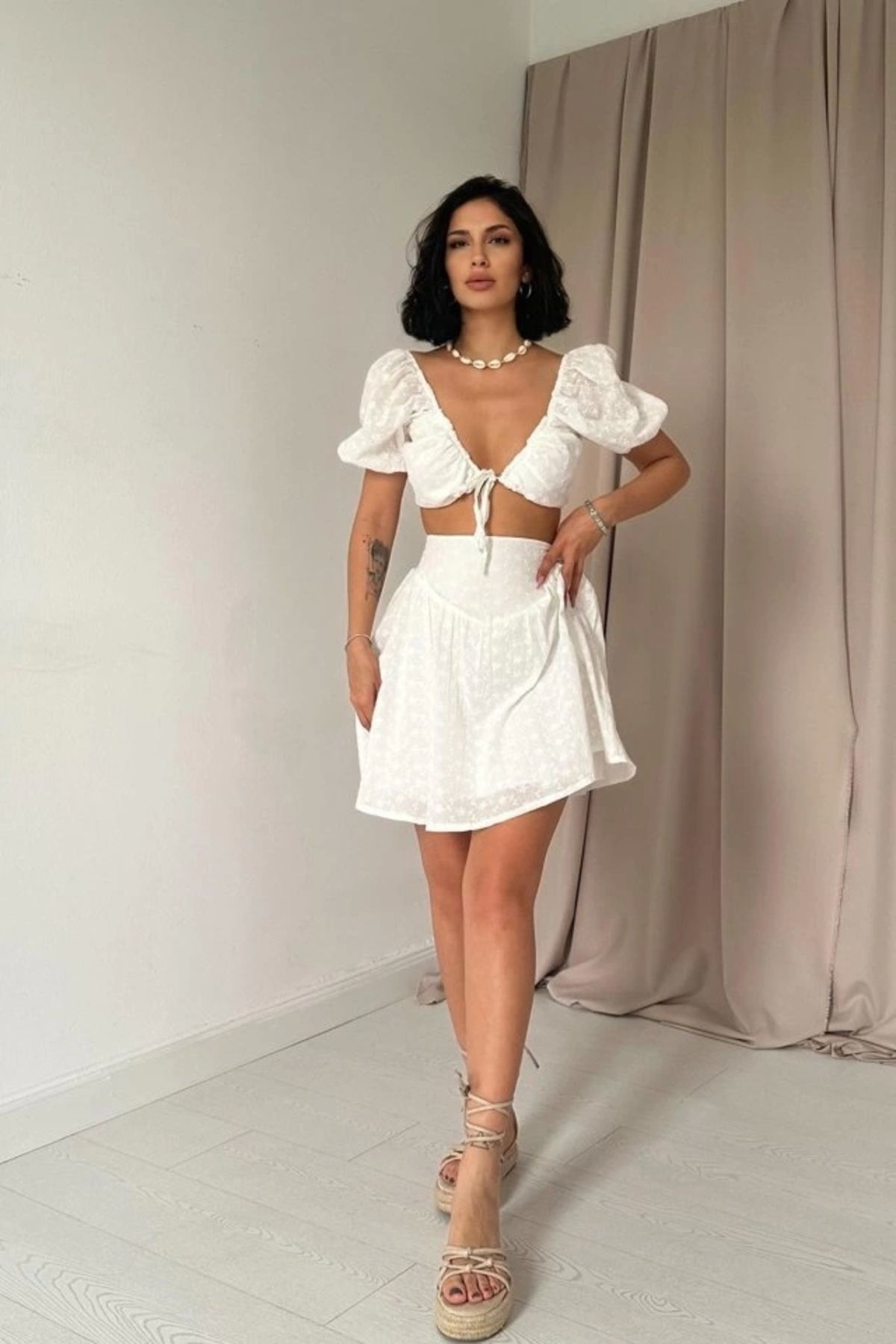 nedo7 Ekru Brode Crop Ve Mini Etek Takım