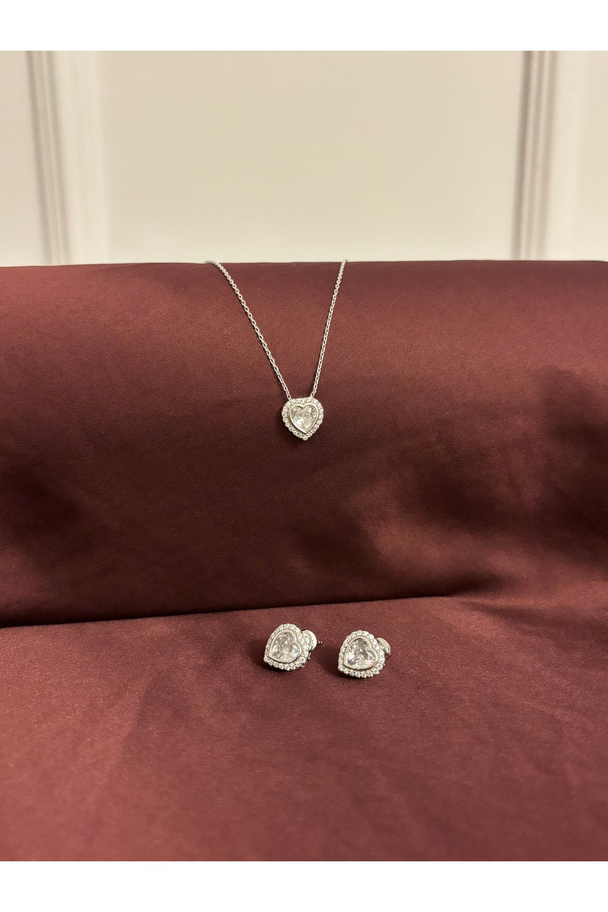 Silver 925 Ayar Gümüş Kalpli Kolye Küpe Takım