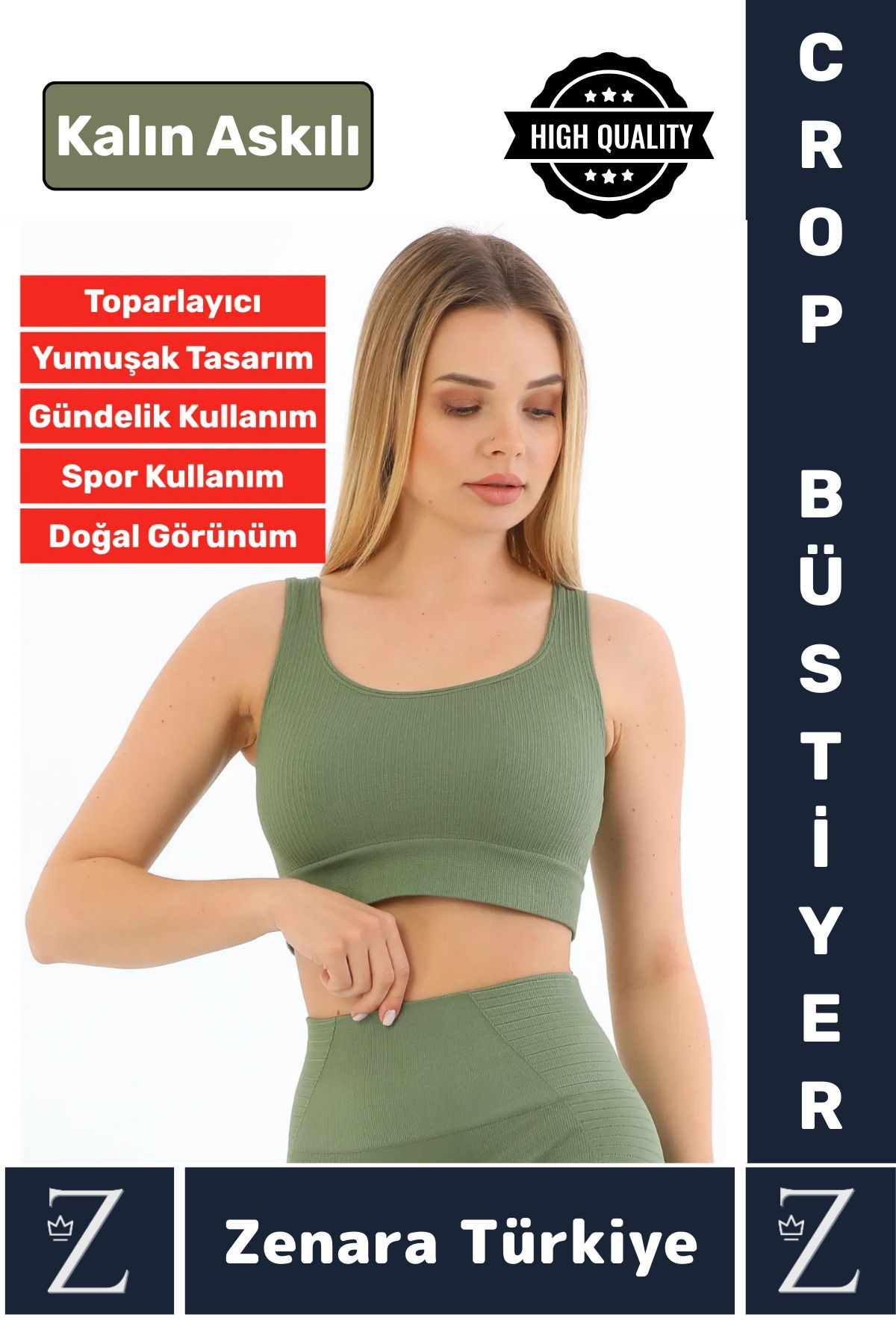 Zenara Yüksek Kaliteli Göğüs Toparlayan Sarkma Önleyen Gündelik Spor Kullanım Kalın Askılı Crop Büstiyer