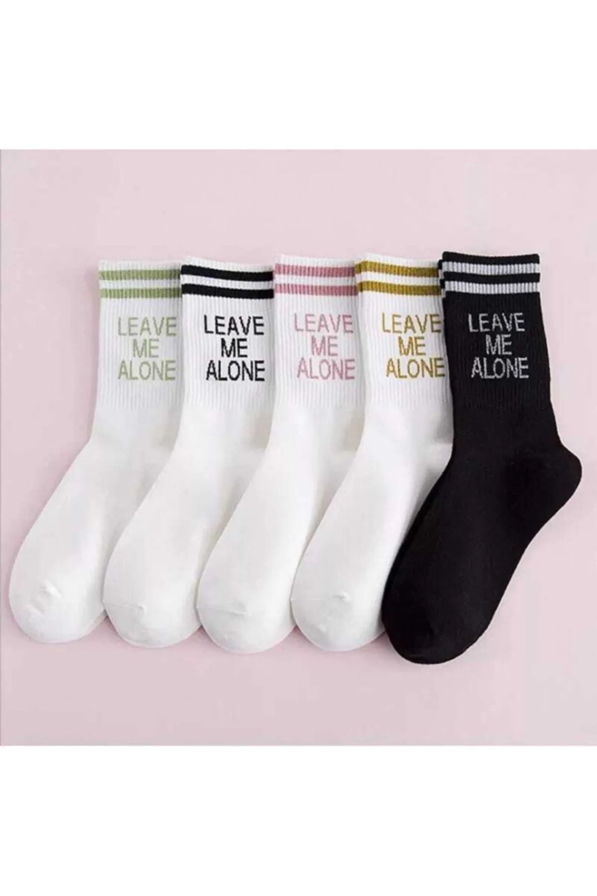 medi store 5 Çift Unisex Beyaz 'leave Me Alone' Yazılı Pamuklu Tenis Kolej Çorap.
